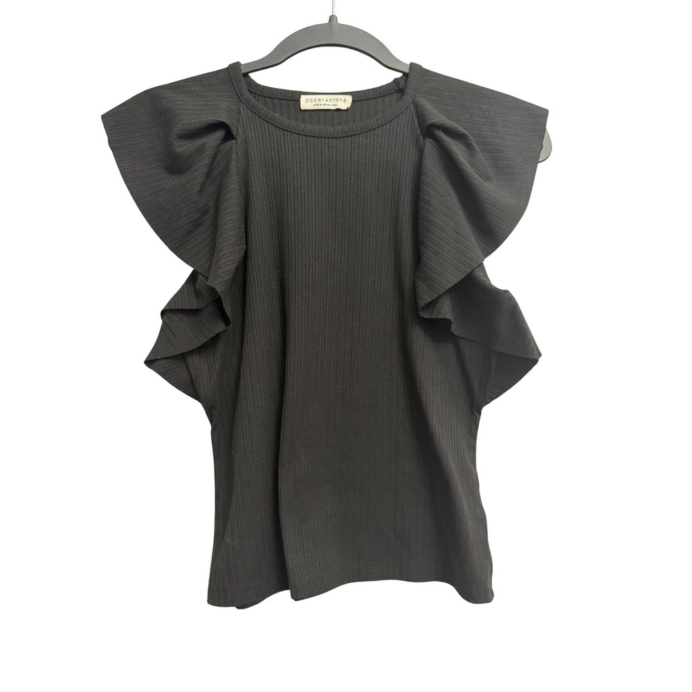 Paper Crane Womens Small Black Ribbed Flutter Sleeve Top C12842AT‎ Shirt Bouse